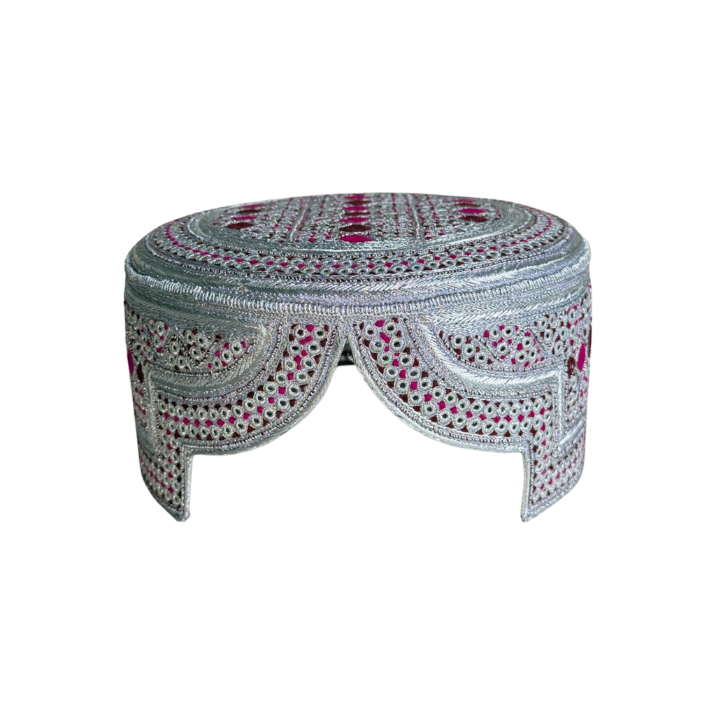White Sindhi Topi -  Pink Stitching - Maroon and Pink Tikki - Raja Cap