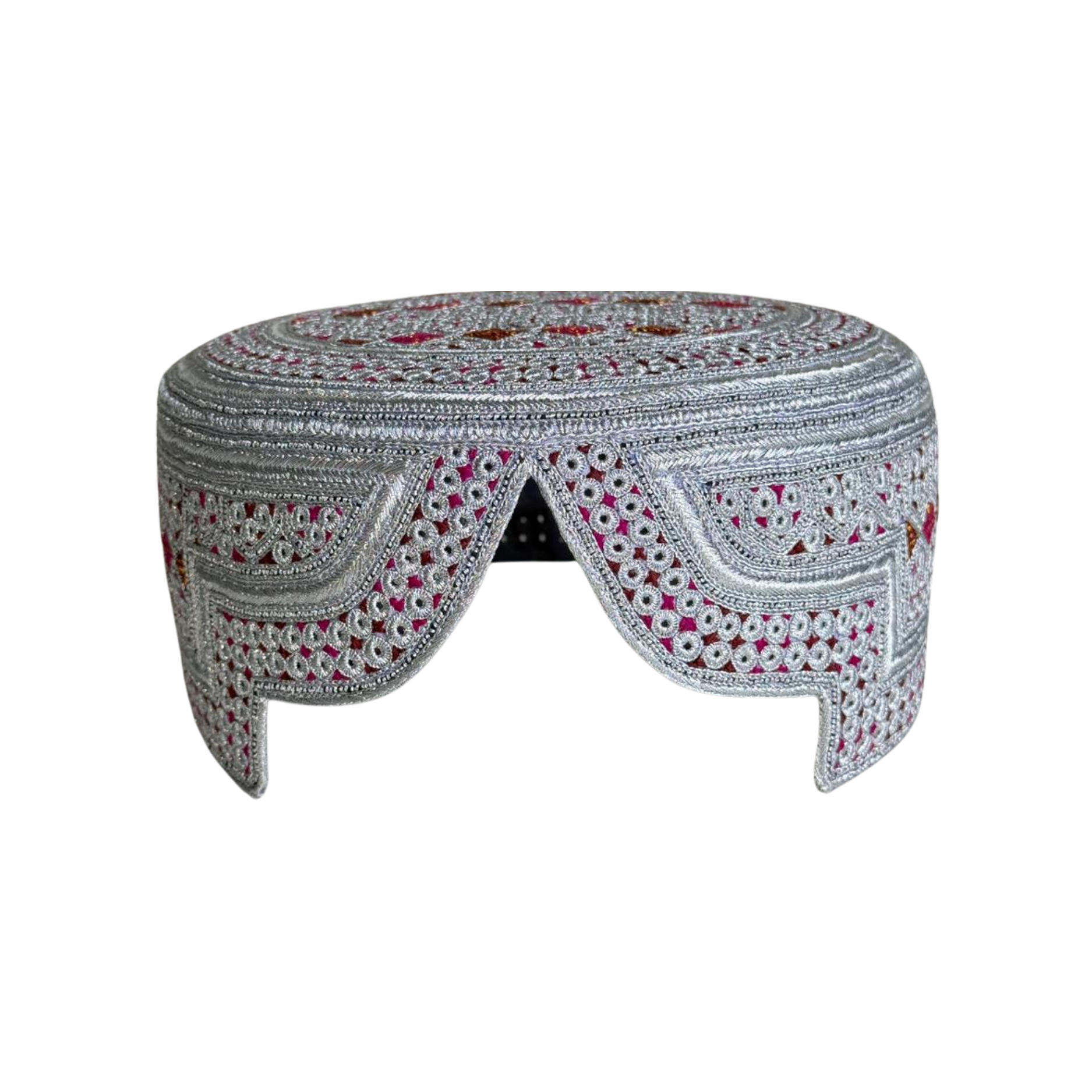 White Sindhi Topi - Pink and Brown Stitching - Pink and Brown Tikki - Raja Cap