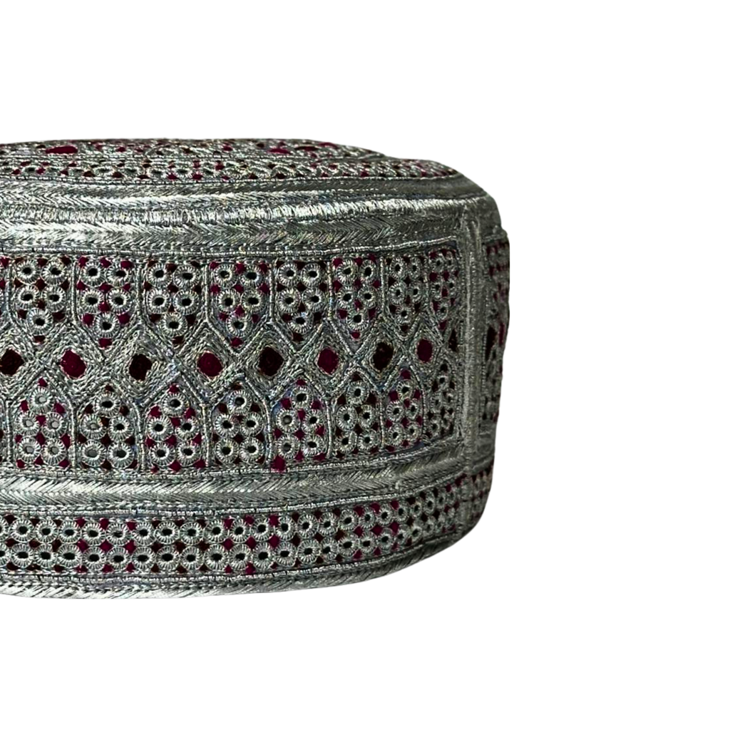 White Sindhi Topi - Maroon Stitching - Small RedAnd Maroon Tikki - Raja Cap