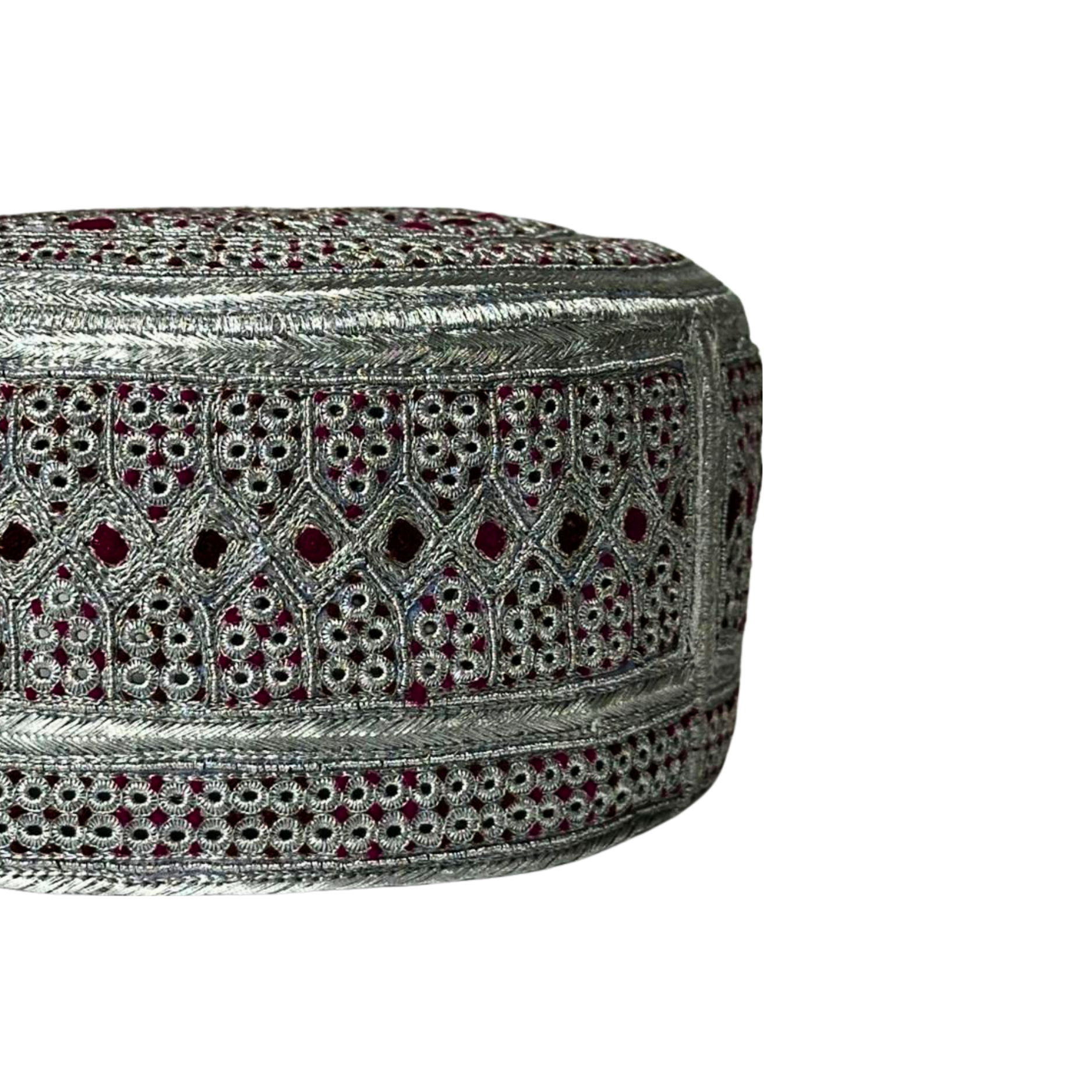 White Sindhi Topi - Maroon Stitching - Small RedAnd Maroon Tikki - Raja Cap
