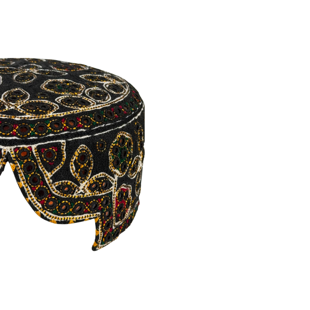 Black Balochi Topi - Flower Design - Golden Shade - Nasir Bhai