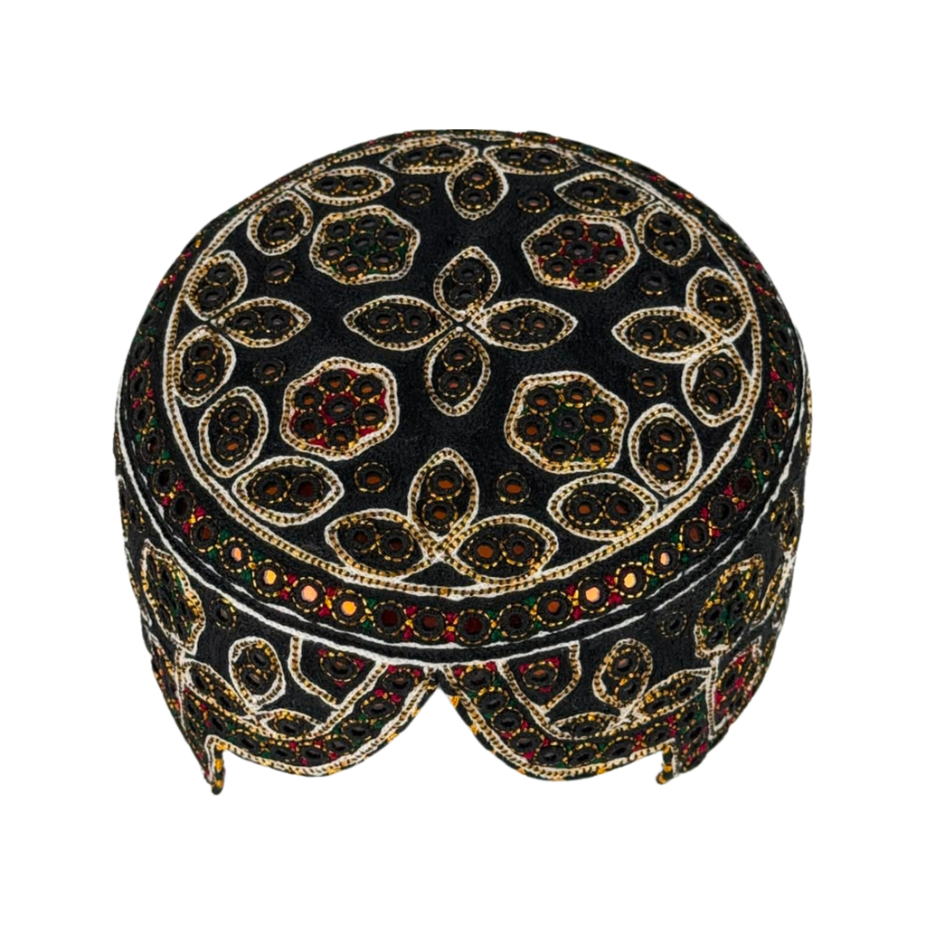 Black Balochi Topi - Flower Design - Golden Shade - Nasir Bhai