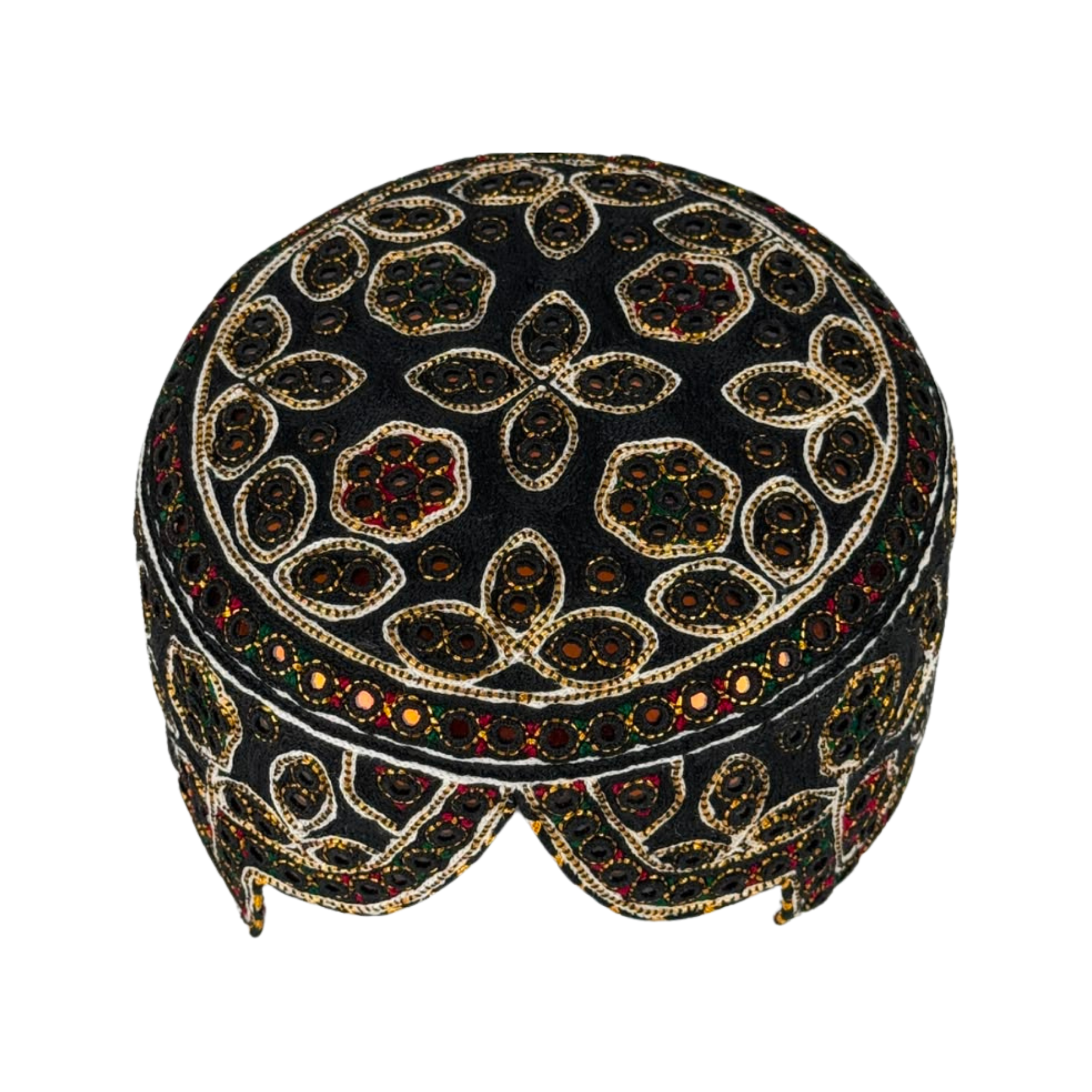 Black Balochi Topi - Flower Design - Golden Shade - Nasir Bhai