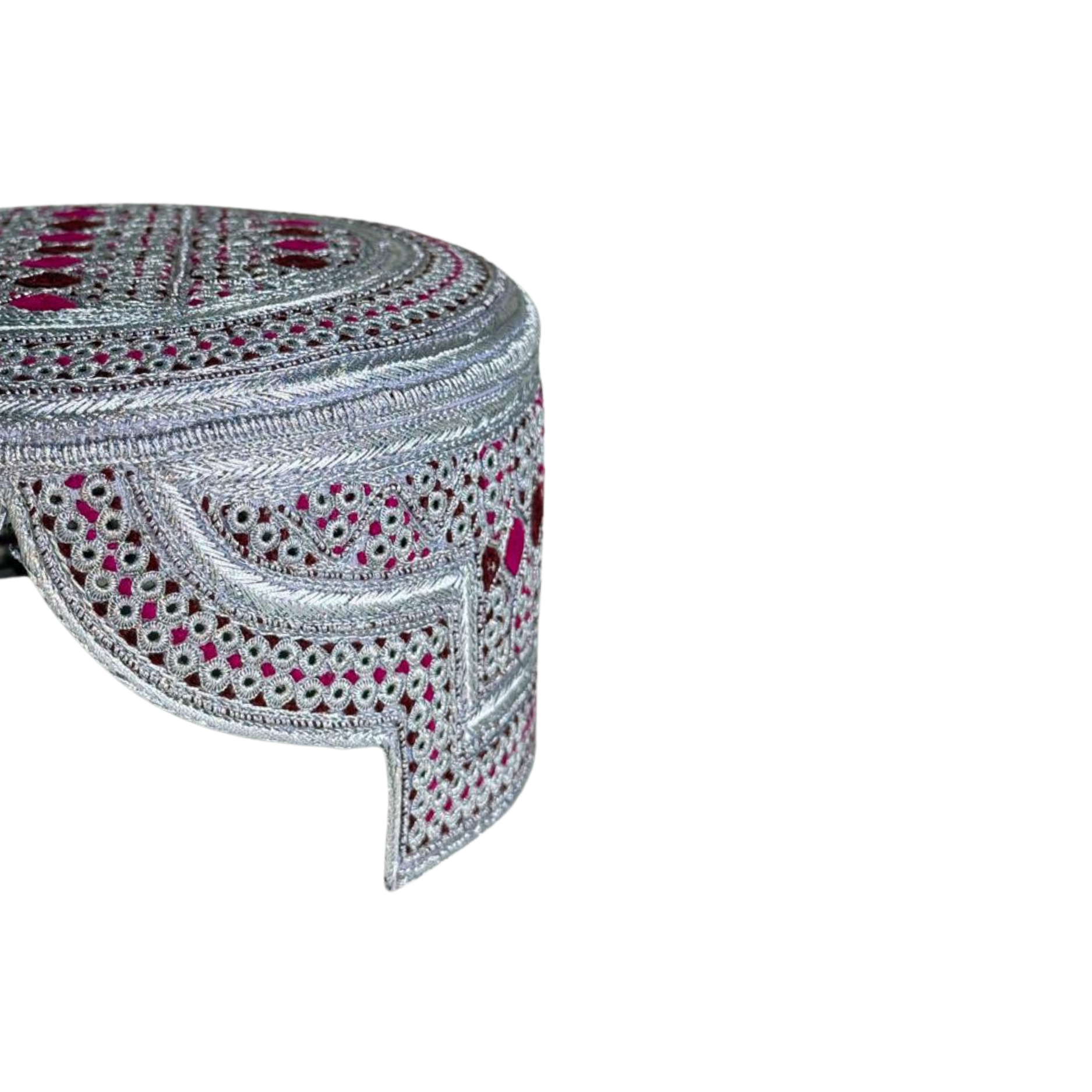 White Sindhi Topi -  Pink Stitching - Maroon and Pink Tikki - Raja Cap