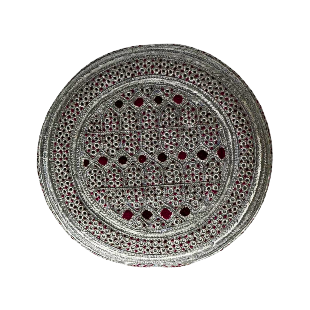 White Sindhi Topi - Maroon Stitching - Small RedAnd Maroon Tikki - Raja Cap