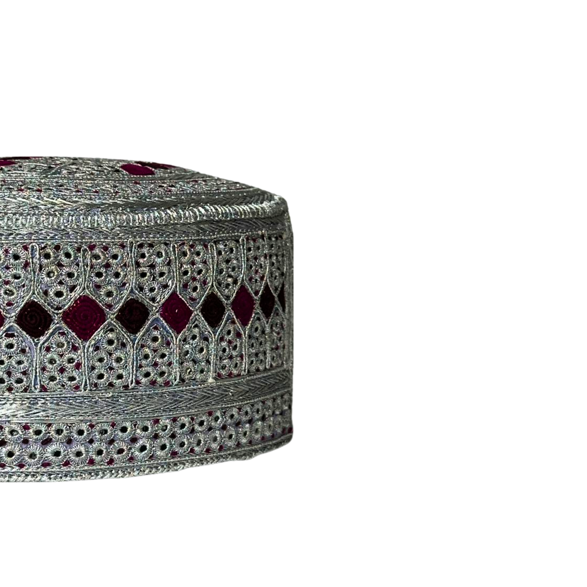 White Sindhi Topi - Pink Stitching - Maroon And Dary Maroon Tikki - Raja Cap