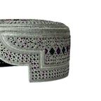 White Sindhi Topi - Pink Stitching - Purple And Green Tikki - Raja Cap