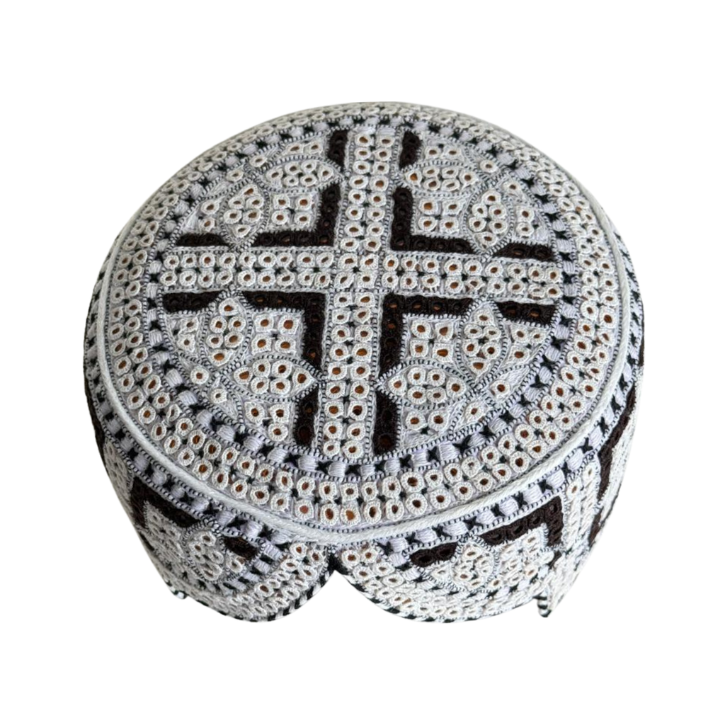 White Sindhi Topi -  Flower Design - Golden Shade - Nasir Bhai