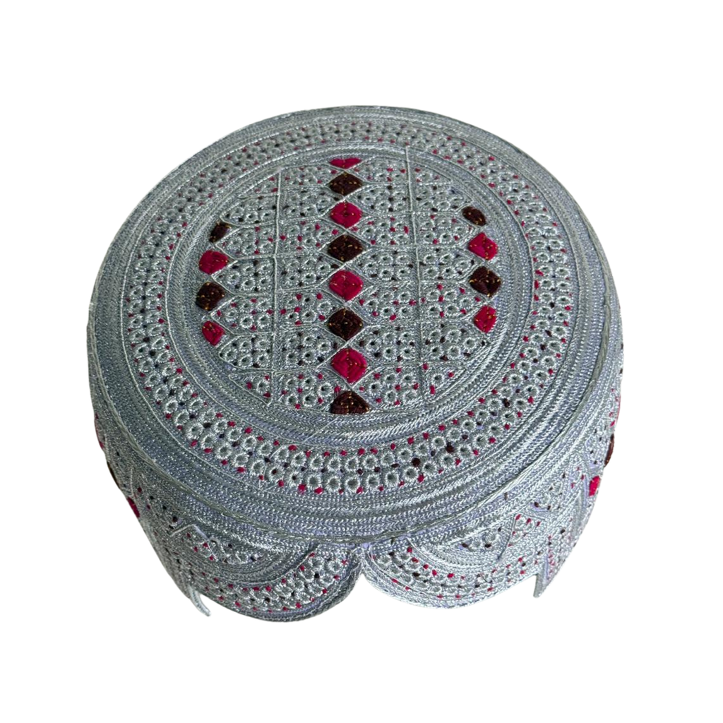 White Sindhi Topi - Pink Stitching - Brown and Pink Tikki - Raja Cap