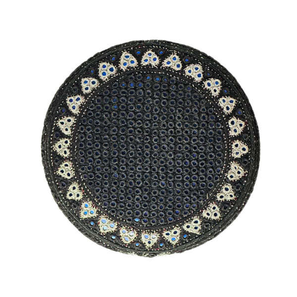 Black Sindhi Topi - Heart Design - Blue Shade - Nasir Bhia