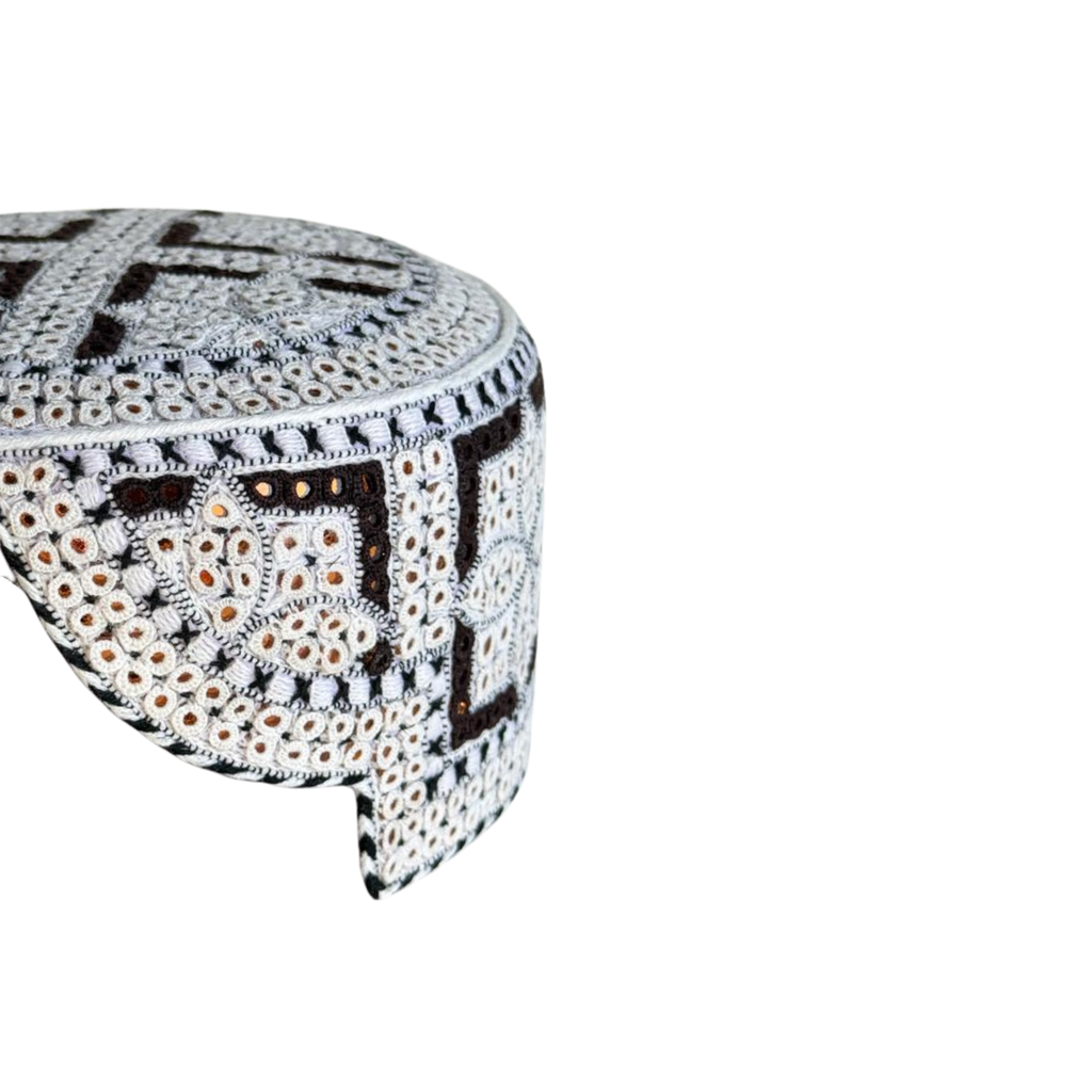 White Sindhi Topi -  Flower Design - Golden Shade - Nasir Bhai