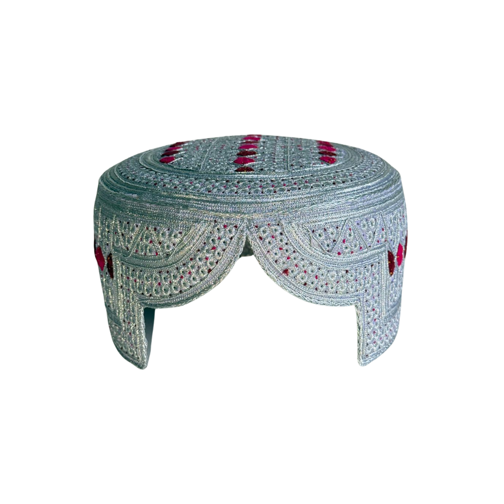 White Sindhi Topi - Pink Stitching - Brown and Pink Tikki - Raja Cap