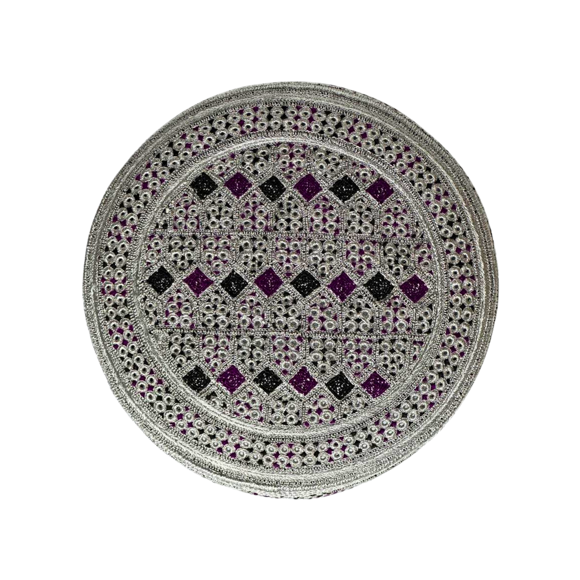 White Sindhi Topi - Pink Stitching - Purple And Green Tikki - Raja Cap