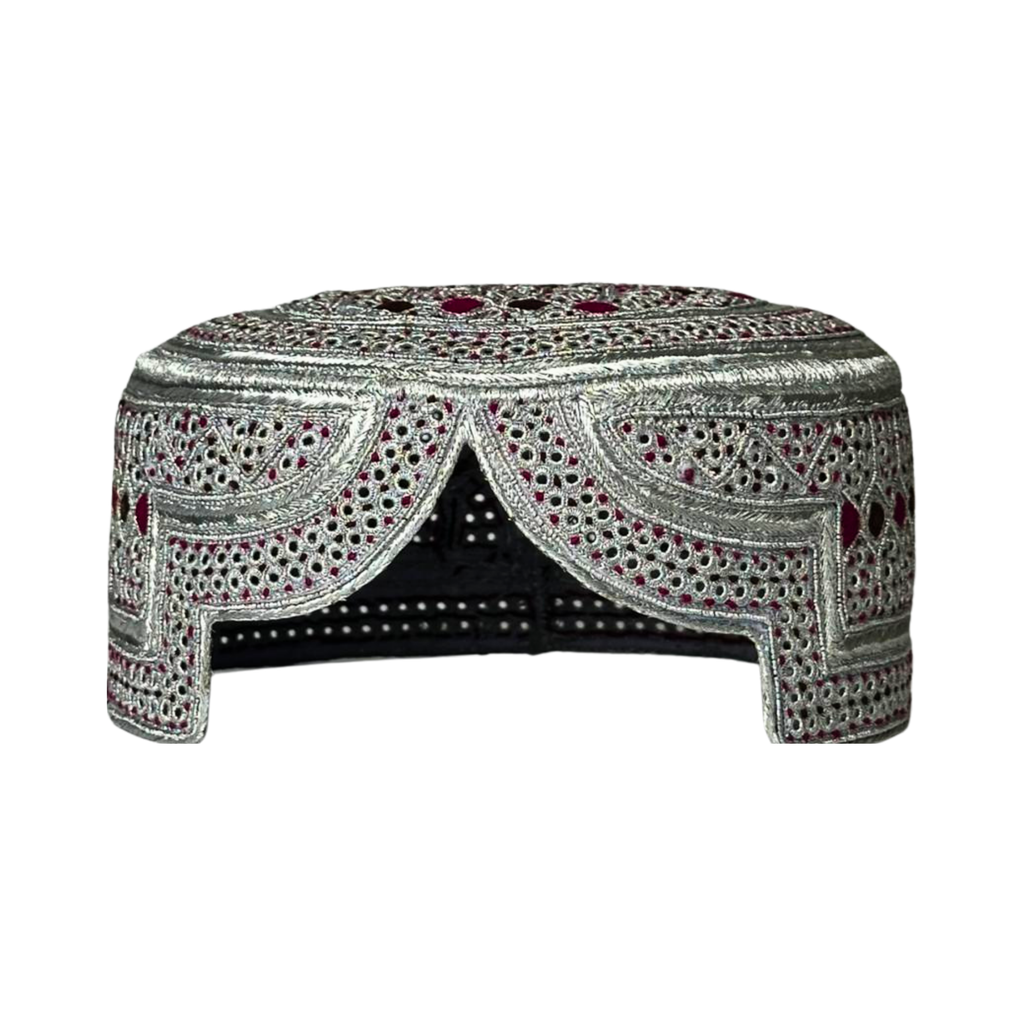 White Sindhi Topi - Silver And Pink Stitching - Purple And Pink Tikki - Raja Cap