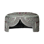 White Sindhi Topi - Silver And Pink Stitching - Purple And Pink Tikki - Raja Cap