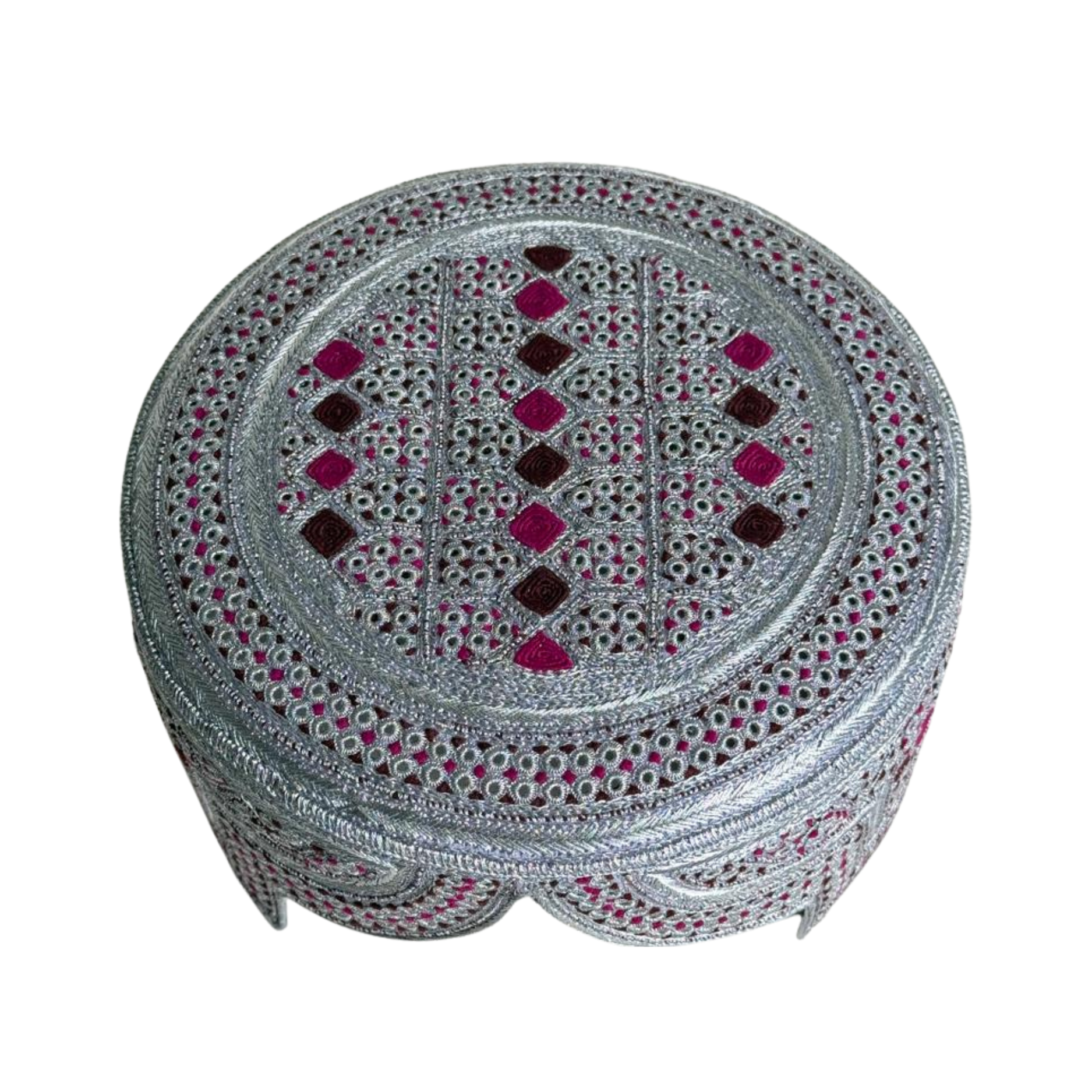 White Sindhi Topi -  Pink Stitching - Maroon and Pink Tikki - Raja Cap
