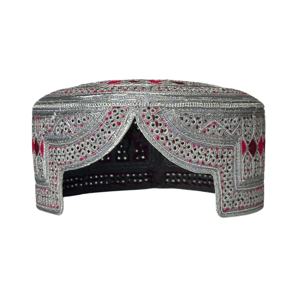 White Sindhi Topi - Pink Stitching - Red And Pink Tikki - Raja Cap