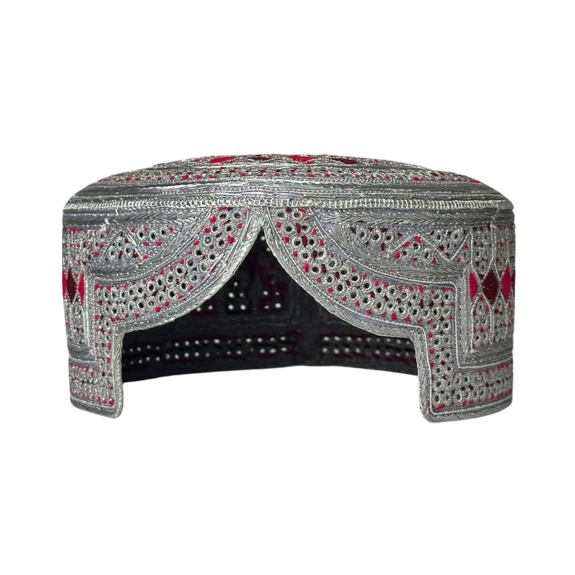 White Sindhi Topi - Pink Stitching - Red And Pink Tikki - Raja Cap