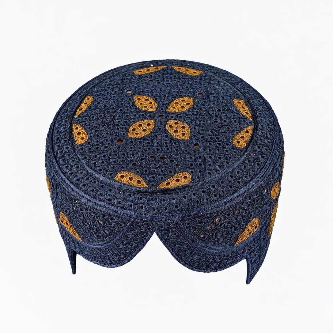 Blue Sindhi Topi - Heart Design - Nasir Bhai