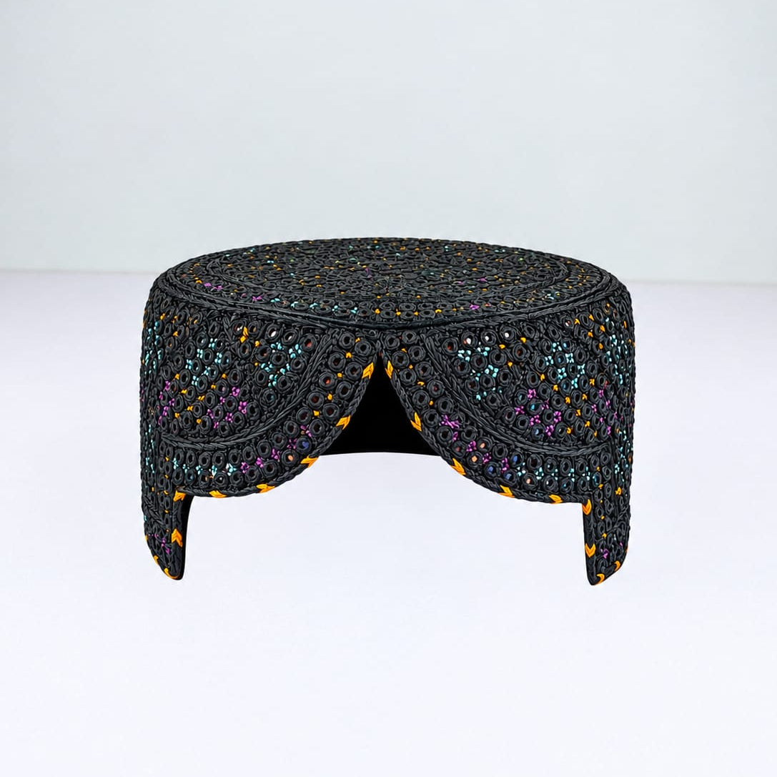 Black Sindhi Topi - Traditional Design - Blue Shade - Nasir Bhai