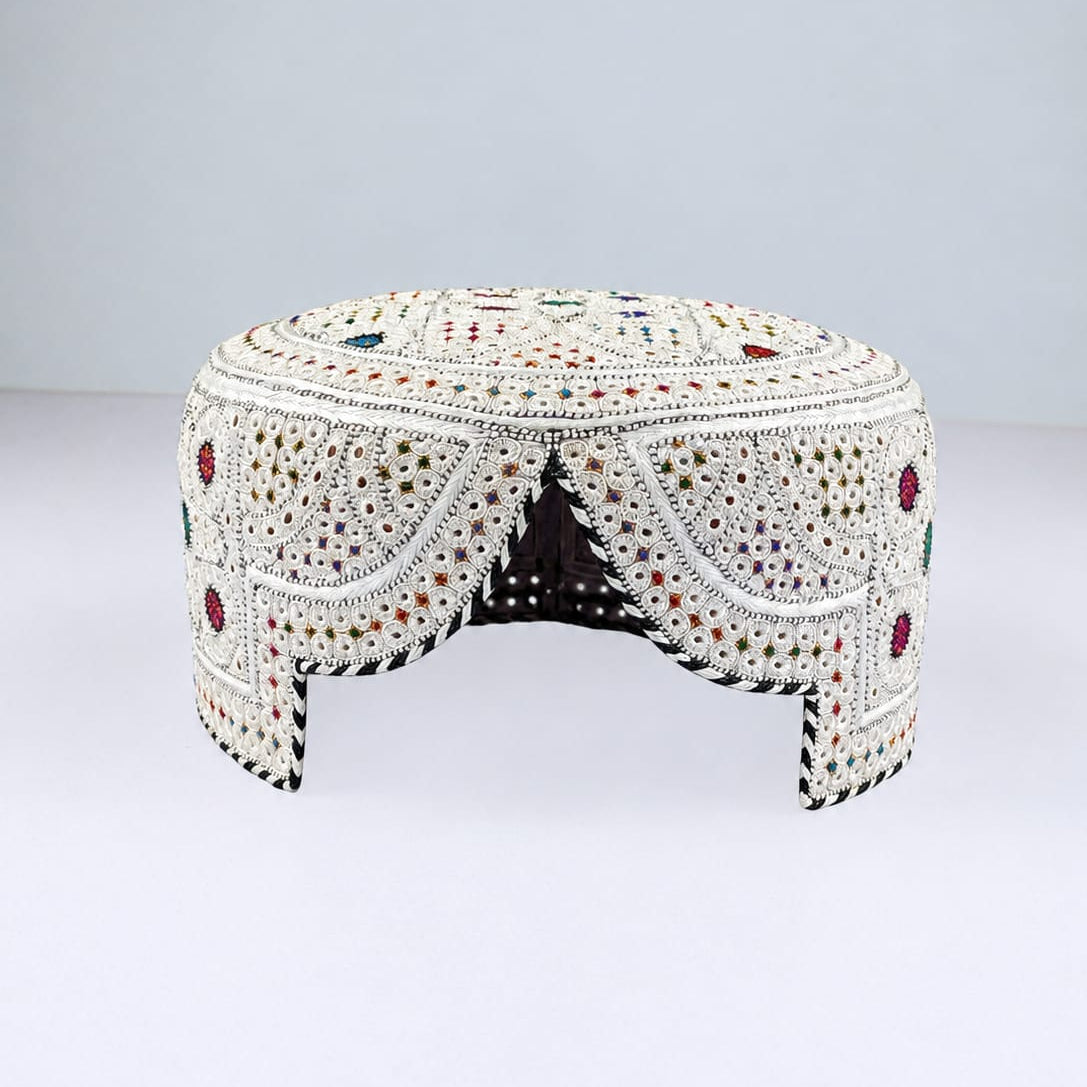 White Sindhi Topi - Heart Design - Nasir Bhai