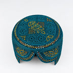 Teal Blue Sindhi Topi - Flower  Design - Golden And Green Shade - Nasir Bhai