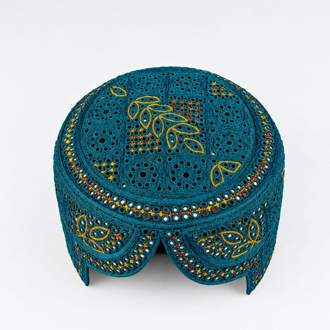 Teal Blue Sindhi Topi - Flower  Design - Golden And Green Shade - Nasir Bhai