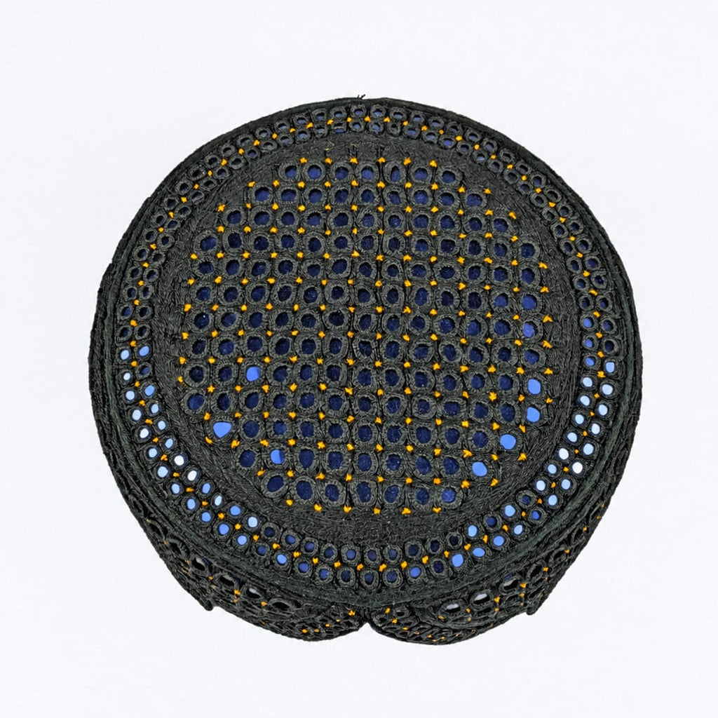 Black Sindhi Topi - Traditional Design - Blue Shade - Nasir Bhai