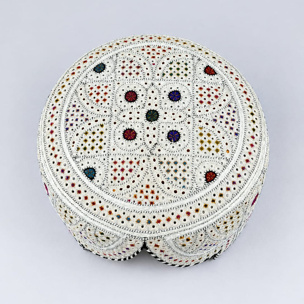 White Sindhi Topi - Heart Design - Nasir Bhai