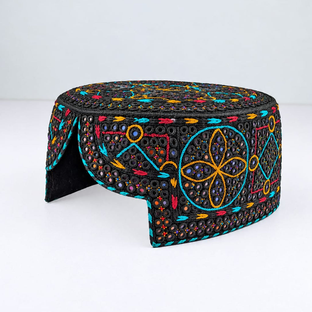 Black Sindhi Topi  - Traditional Design - Blue Shade - Nasir Bhai