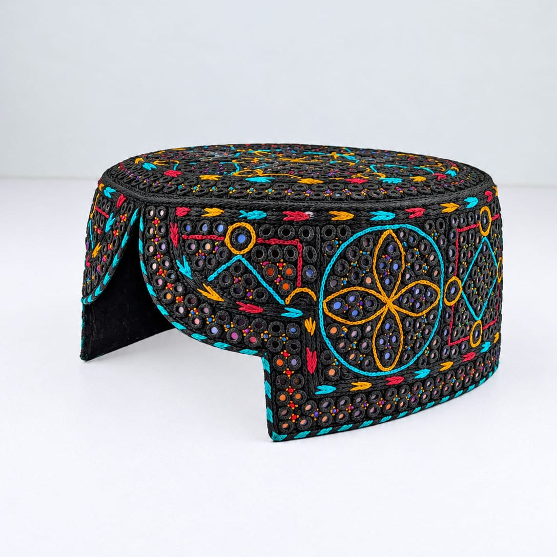 Black Sindhi Topi  - Traditional Design - Blue Shade - Nasir Bhai