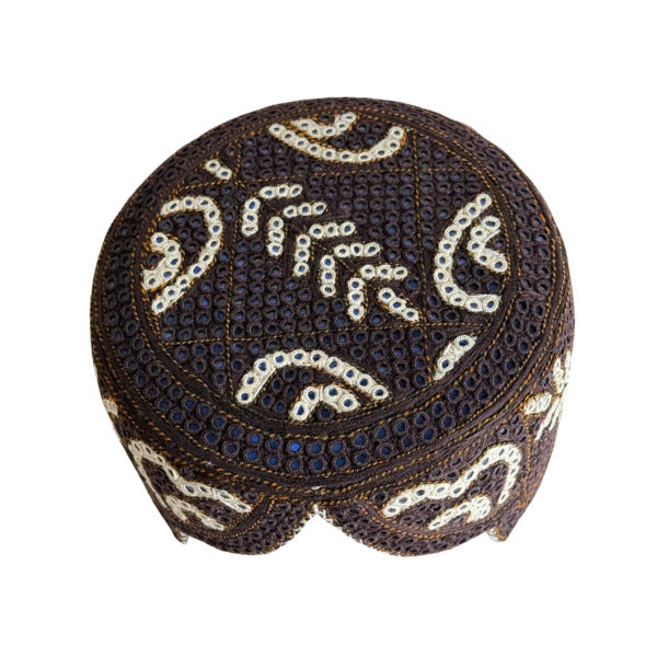 Brown Sindhi Topi - Heart Design - Blue Shade - Nasir Bhai