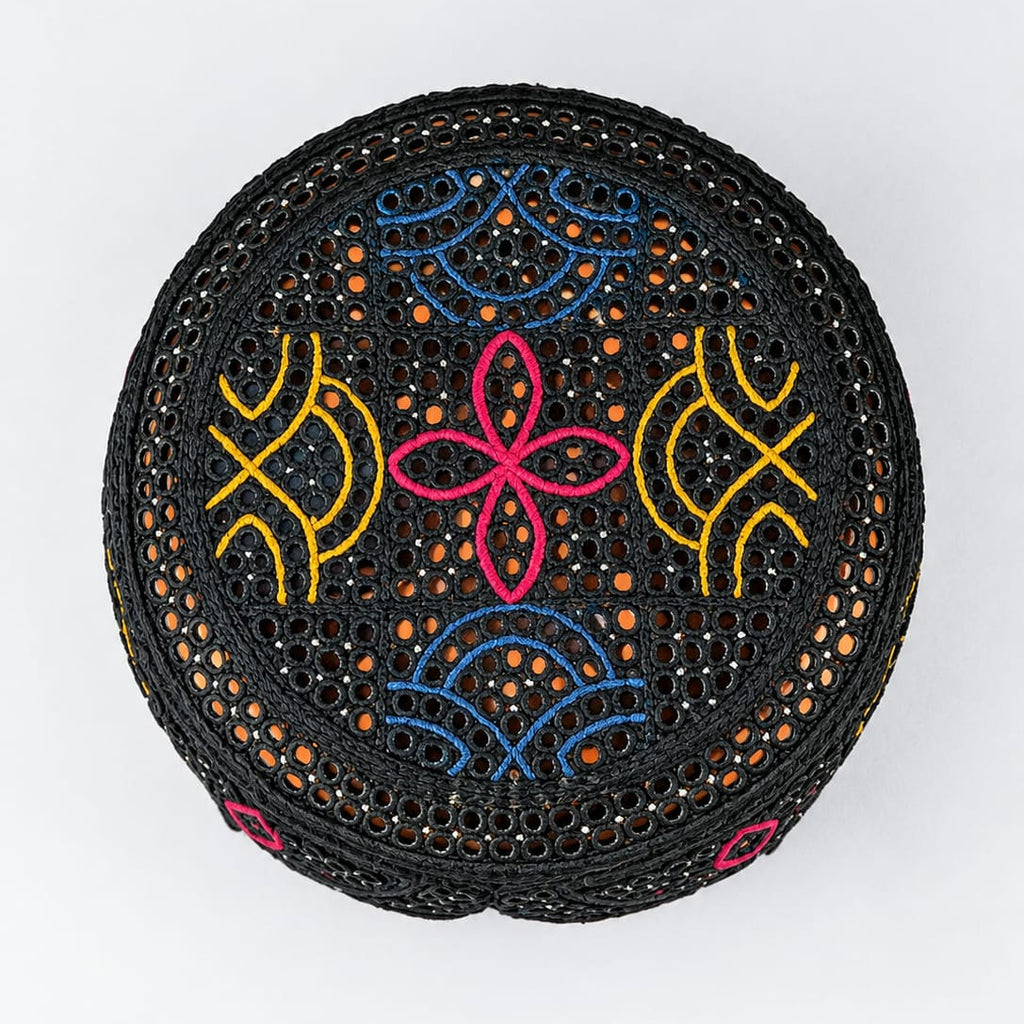 Black Sindhi Topi - Flower Design - Golden Shade - Nasir Bhai