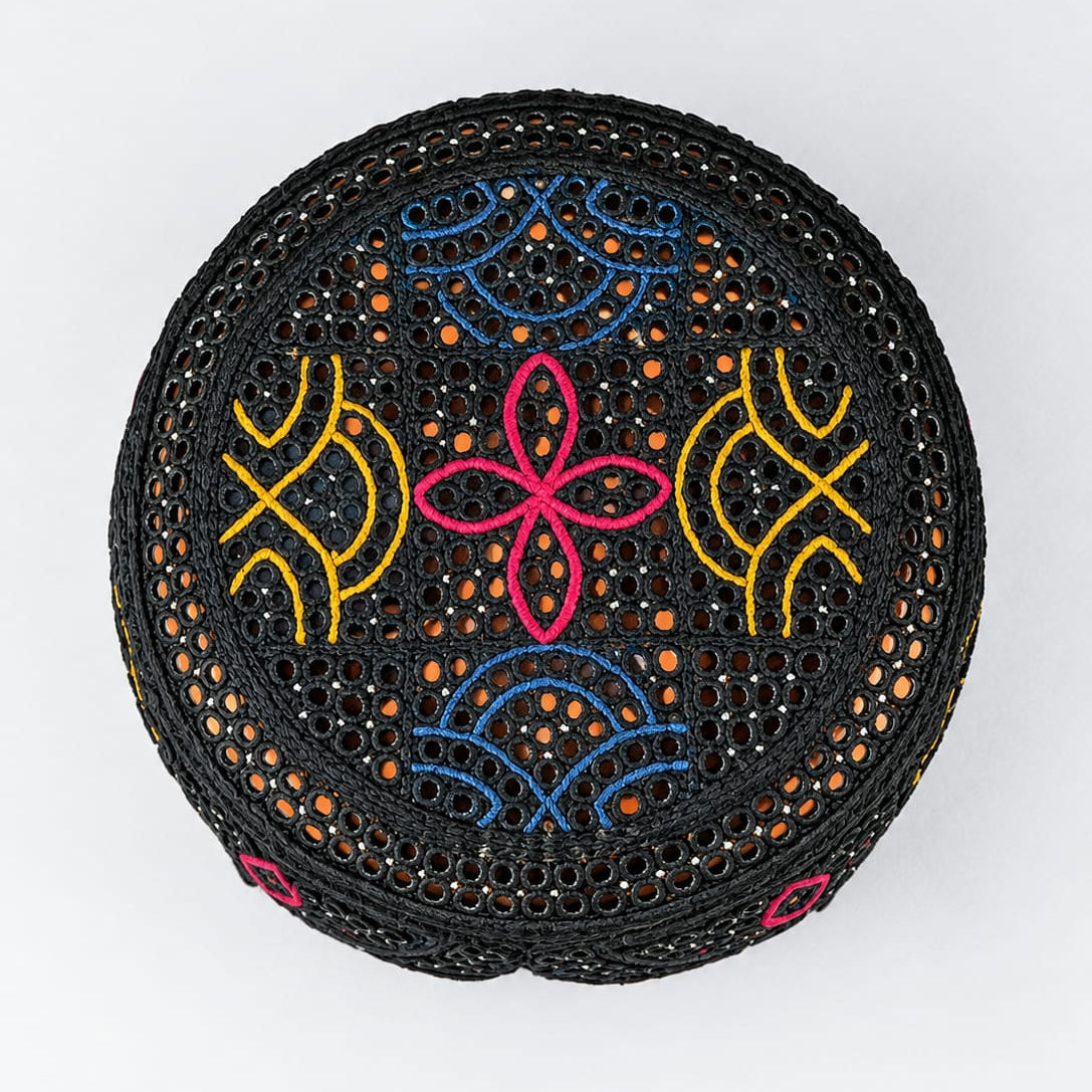 Black Sindhi Topi - Flower Design - Golden Shade - Nasir Bhai