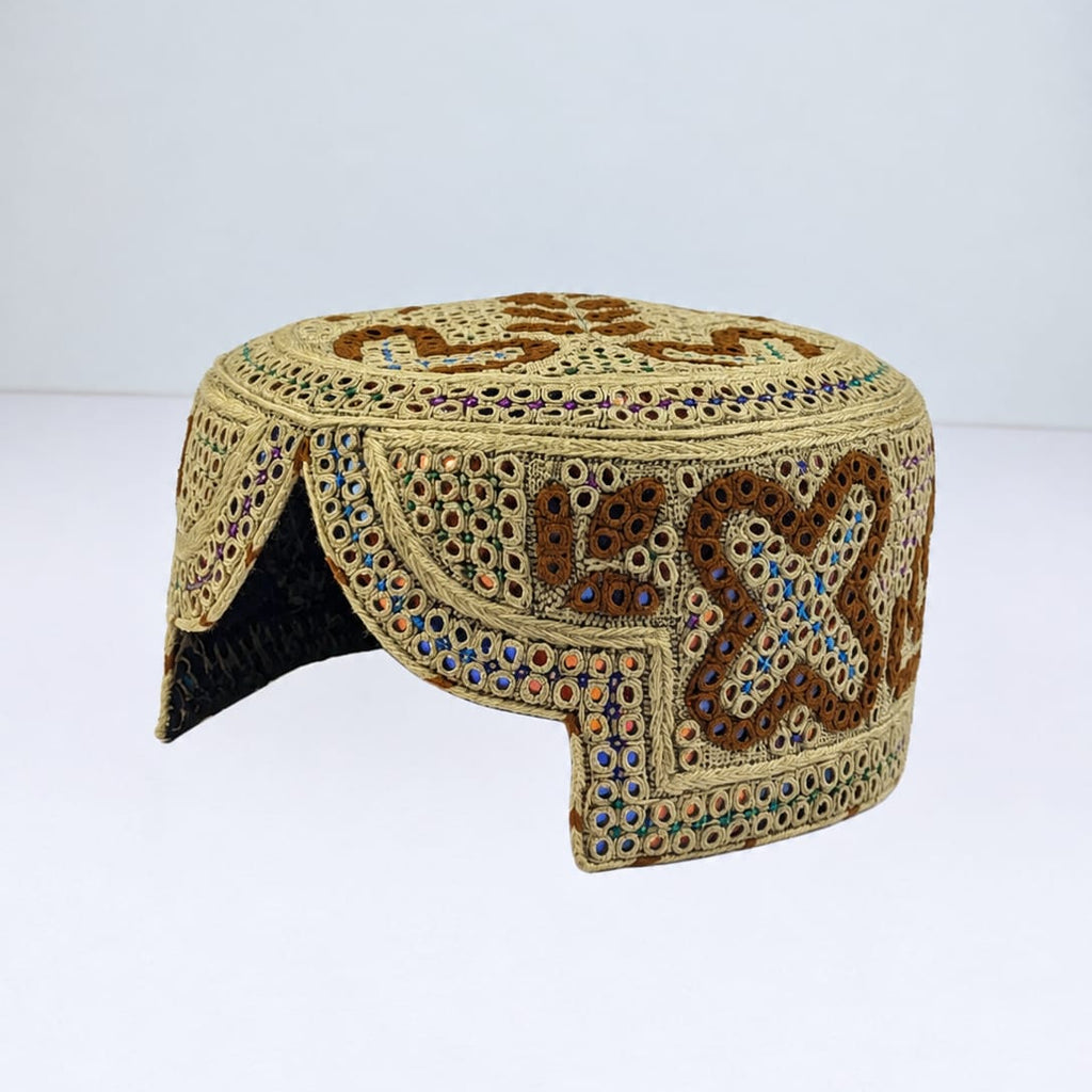 Light Brown Sindhi Topi - Flower Design - Golden Shade - Nasir Bhai