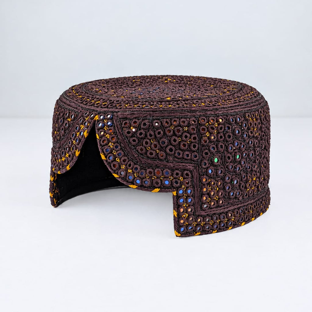 Dark Brown Sindhi Topi - Traditional Design - Golden Shade - Nasir Bhai