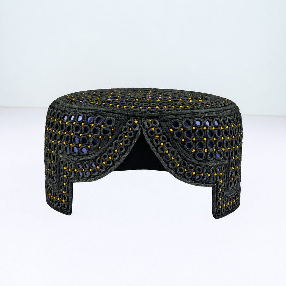 Black Sindhi Topi - Traditional Design - Blue Shade - Nasir Bhai