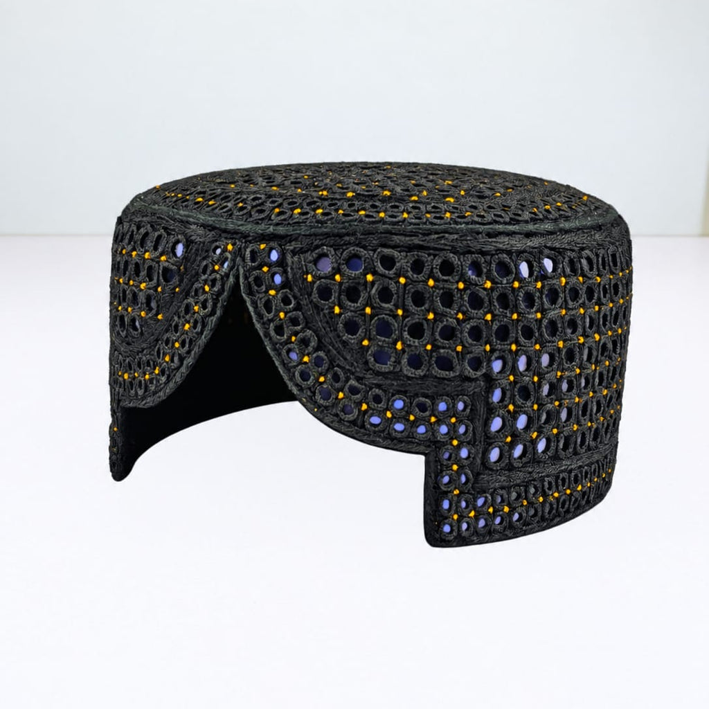 Black Sindhi Topi - Traditional Design - Blue Shade - Nasir Bhai