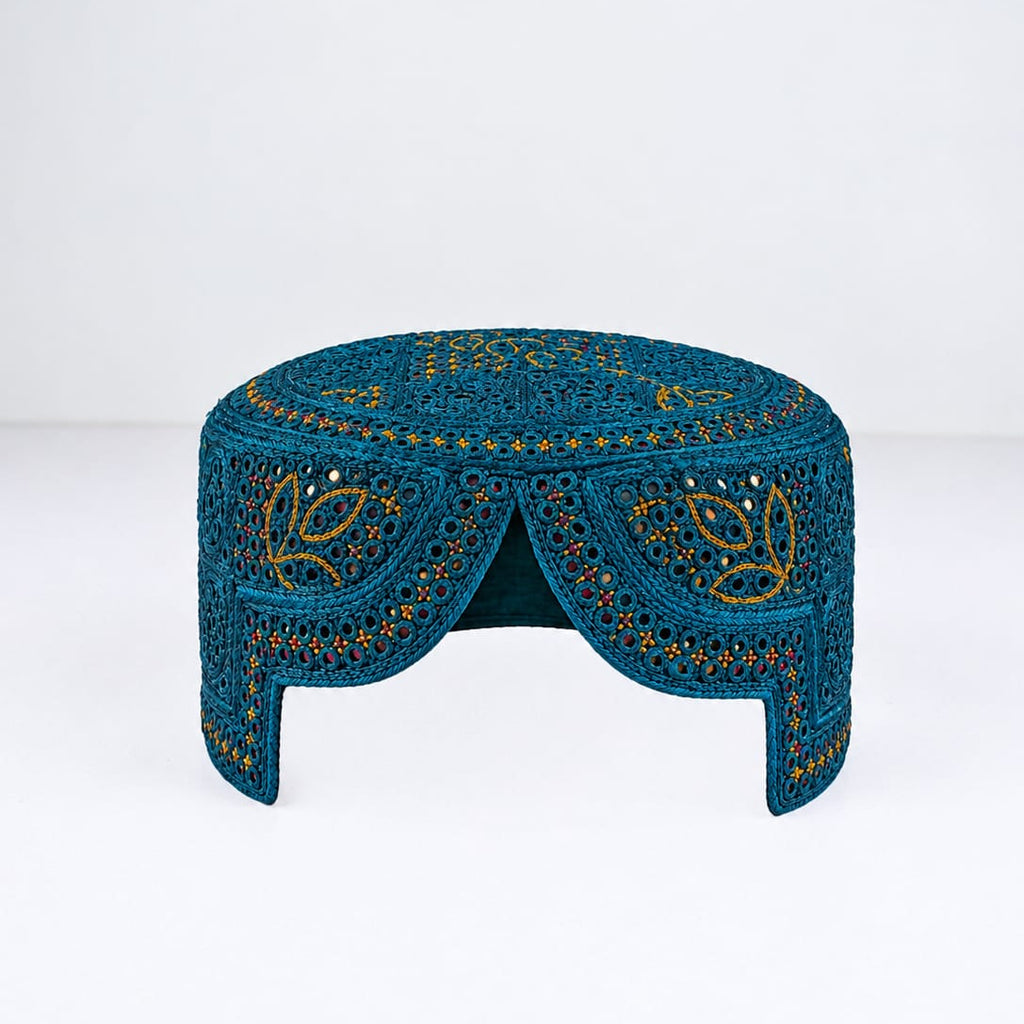 Teal Blue Sindhi Topi - Flower  Design - Golden And Green Shade - Nasir Bhai