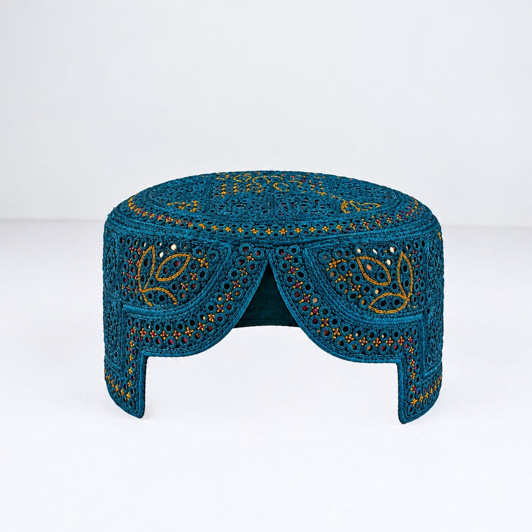 Teal Blue Sindhi Topi - Flower  Design - Golden And Green Shade - Nasir Bhai