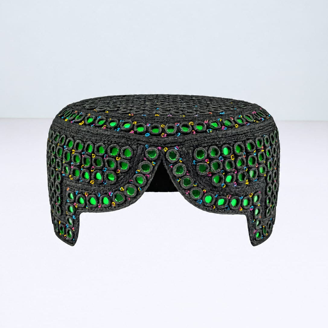 Black Sindhi Topi - Traditional Design - Green Shade - Nasir Bhai
