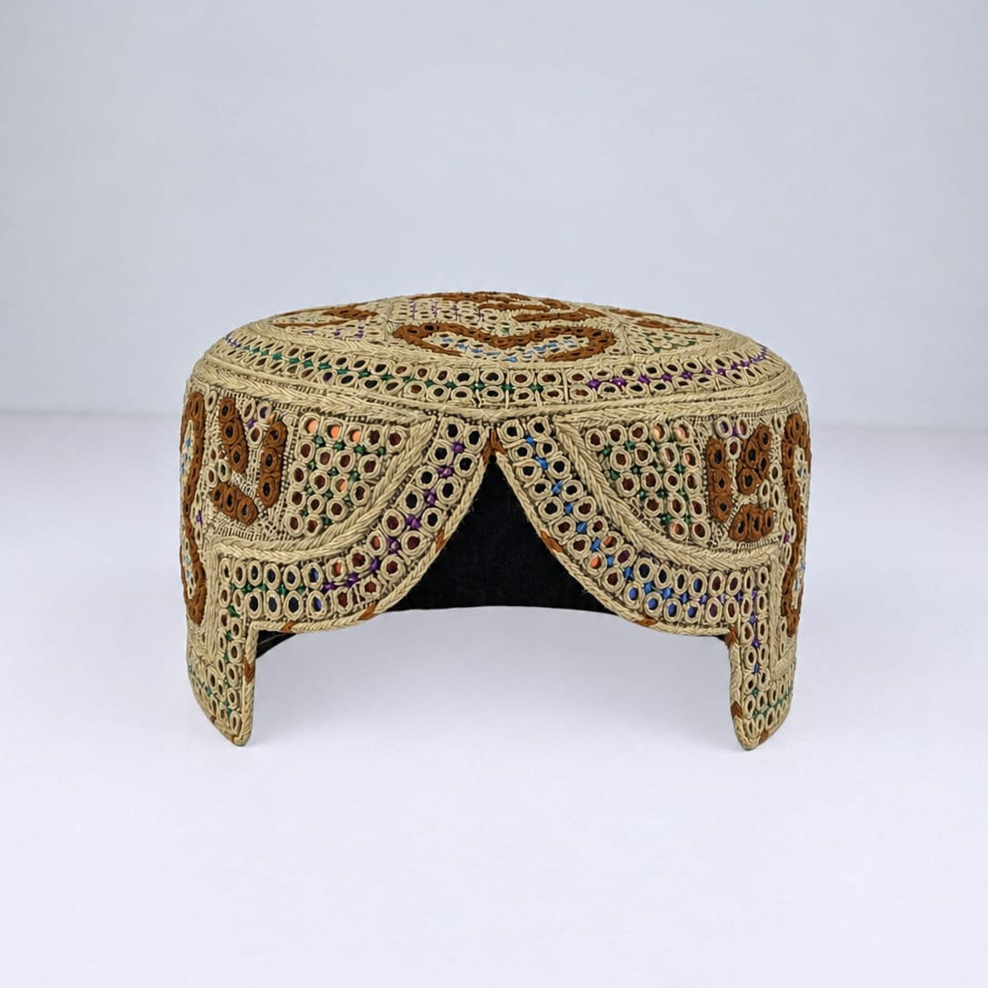 Light Brown Sindhi Topi - Flower Design - Golden Shade - Nasir Bhai