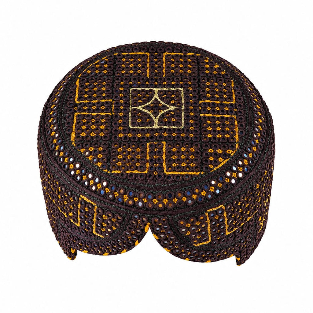 Dark Brown Sindhi Topi - Traditional Design - Blue Shade - Nasir Bhai