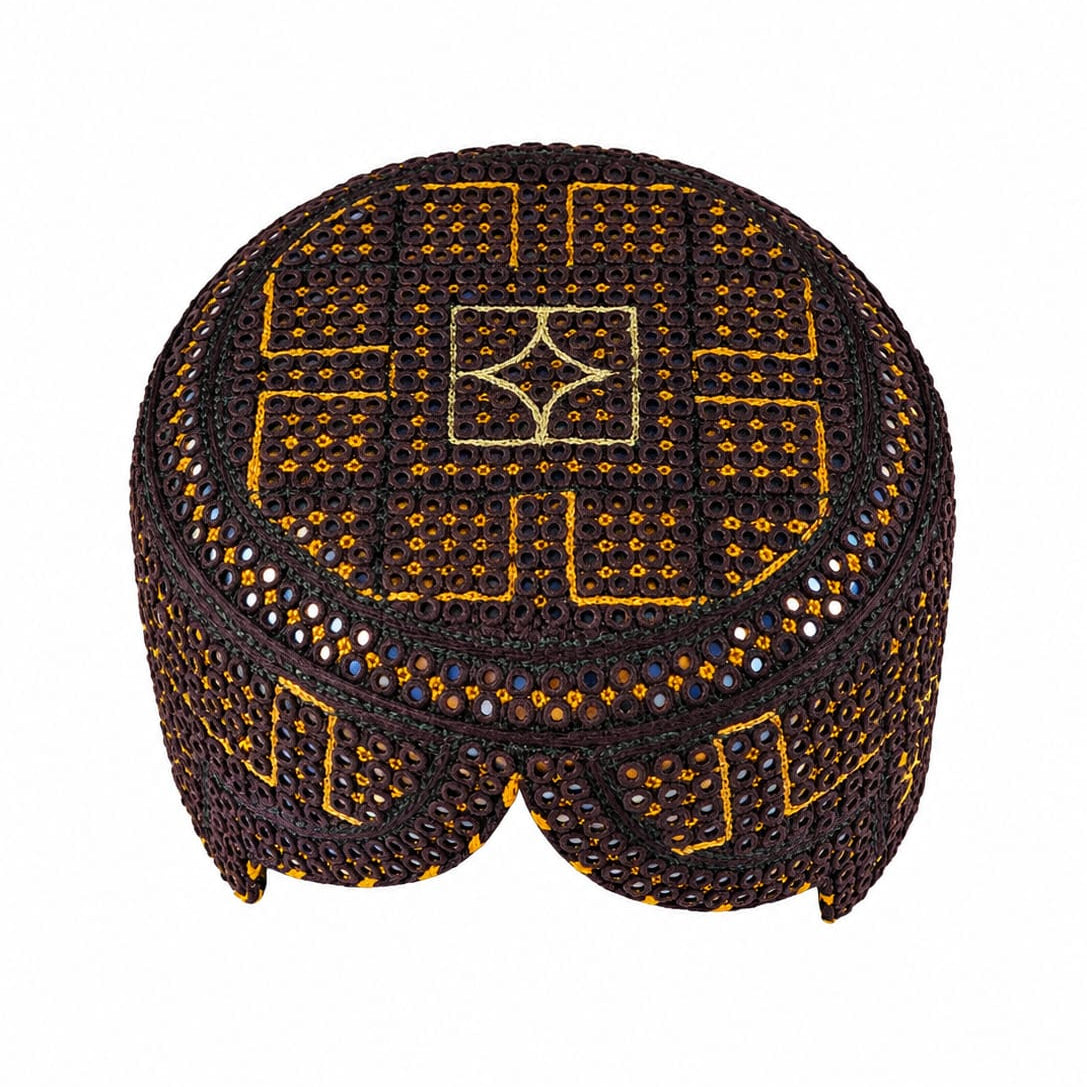 Dark Brown Sindhi Topi - Traditional Design - Blue Shade - Nasir Bhai