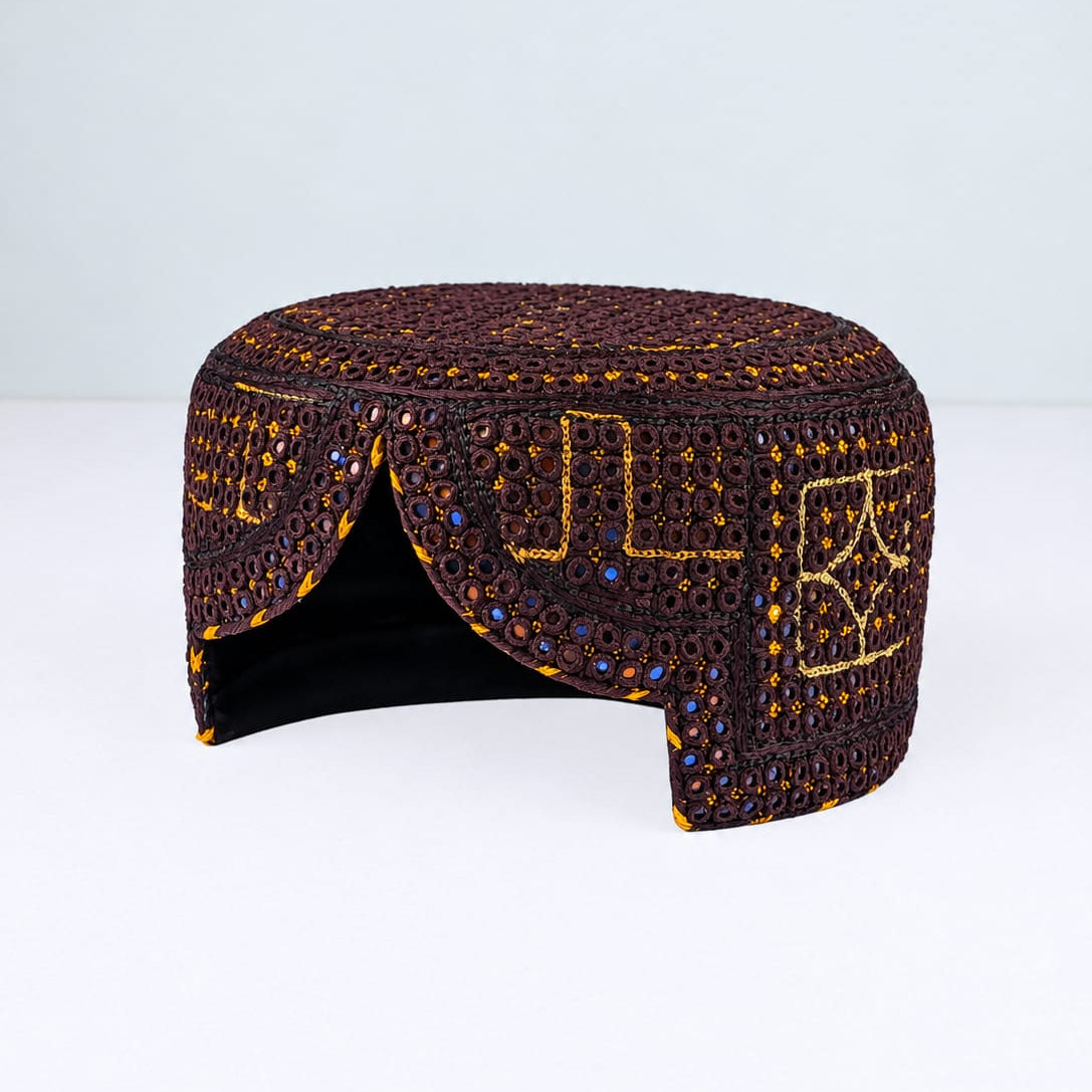 Dark Brown Sindhi Topi - Traditional Design - Blue Shade - Nasir Bhai